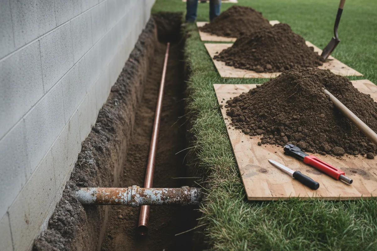 Excavated water line trench during Water Softener Installation in Fowler